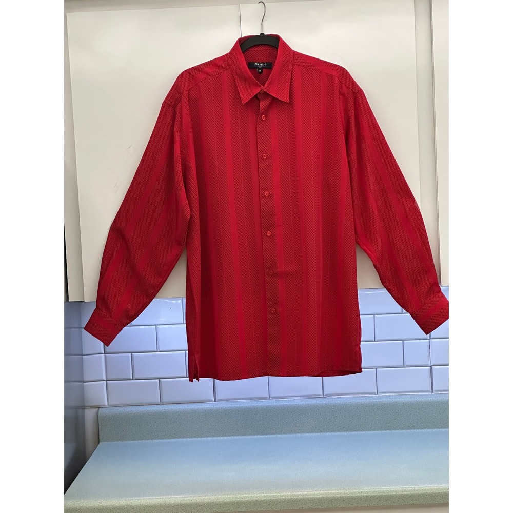 Bassiri Uomo Mens Red Microfiber Striped Long Sleeve Button Down Shirt Medium